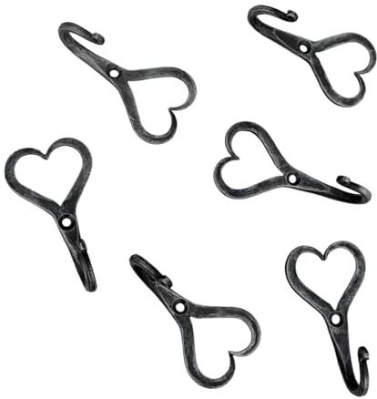 Living Ideas Hand Forged Heart Shape Wall Hook Set of 6 Pcs Wrought Iron Handmade Rustic Hook for Plant & Mug Blacksmith Farmhouse Coat Hook Rack Antique Finish Heavy Duty Kitchen Utensils Hooks
