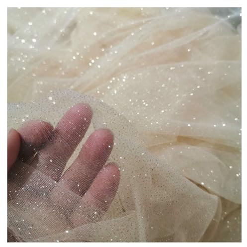 Wisafory 150cm x 5M Tüllstoff Glitzer Tüll Dekostoff Tüllband mit Glitzerpulver Netzstoff Meterware Tüll Rolle Tüllnetz Sparkly Stoff Dekoband für DIY Nähen Tutu Rock Hochzeitsdeko Champagner