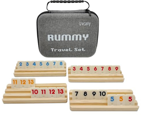 uvcany Mini Travel Rummy Cube Set with 4 Wooden Racks, 106 Rummy Cube Game Tiles with Portable Case for Family Classic Board Games - Travel Edition