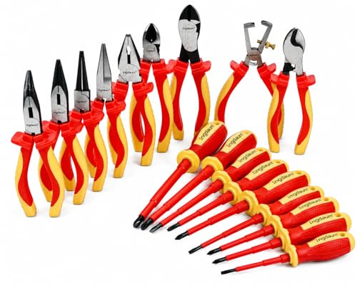 INGDAUM® VDE Werkzeugset 18-teilig Seiten-, und Kraftseitenschneider, Kabelschere, Abisolier-, 2 Spitz-, Flach-, Rund-, und Kombizangen, je 3 Pozidriv, Schlitz- und Kreuzschraubendreher (Version 18)