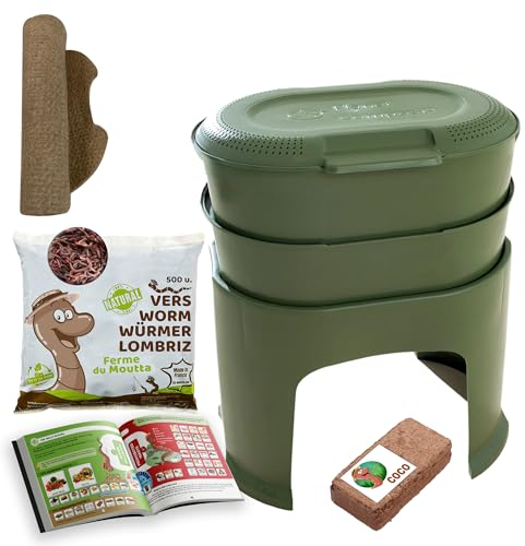 Moutta | Magic Worm Olivgrün | Wurmkomposter für die Küche 2 Schalen | 250 gr Kompostwürmer / 500 STK. | Komplett-Set