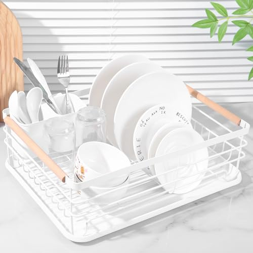 Miorkly Abtropfgestell Geschirr,Abtropfkorb mit Abnehmbarem Besteckhalter mit Tropfschale für Küchenarbeitsplatte, mit herausnehmbarem Tablett42,5x32x15cm, Abtropfschale mit Holzgriff（weiß）