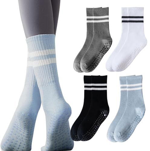 XNIVUIS 4 Paar rutschfeste Yoga-Socken, Trampolin-Strumpf für Damen, Pilates-Socken, Yoga-Strumpf mit Griffen, Fallprävention, Griffsocken für Heimtraining, 4 Paar, One size