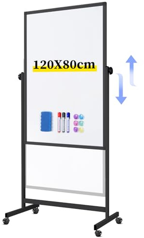 maxtek Mobiles Whiteboard Schwarz 120 x 80 cm, Höhenverstellbar Doppelseitiges White Board，Trocken Abwischbares Magnetisches Whiteboard mit Ständer, für Büro，Klassenzimmer und Zuhause
