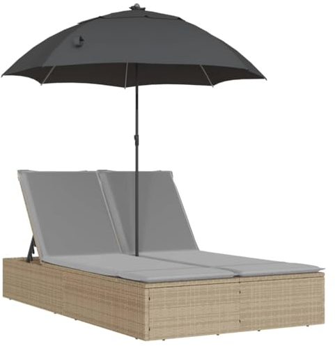 vidaXL Sonnenliege, Doppelliege mit Kissen Sonnenschirm, Gartenliege Verstellbare Rückenlehne, Relaxliege Liege Gartenmöbel, Beige Poly Rattan
