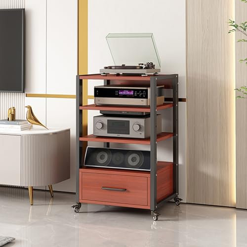 Support multimédia AV mobile avec tiroir de rangement, meuble TV d'angle pour salon, armoire de lecteur stéréo, tour de support audio avec étagères en bois réglables en hauteur, centre multimédia de