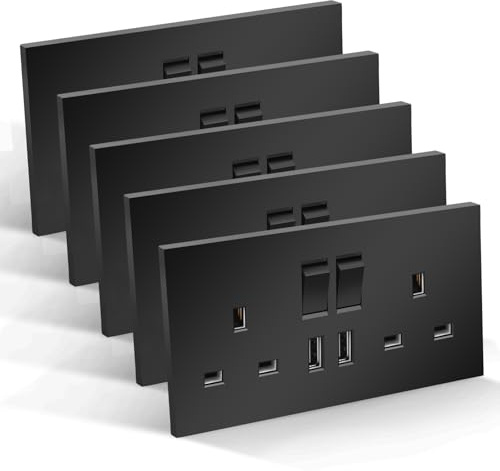 CNBINGO Double Switched Socket with 2 USB-A Ports, Electric Power Sockets 2 Gang 13 Amp, Black PC Plate Wall Outlet, 5 Pack
