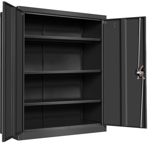Frideko Lockable Metal Cupboard - 109 cm Tall Heavy Duty Storage Cabinet | With Double Doors and 3 Adjustable Shelves - Ideal for Storing File in Office and Tools in Garage Size：90 x 40 cm Black