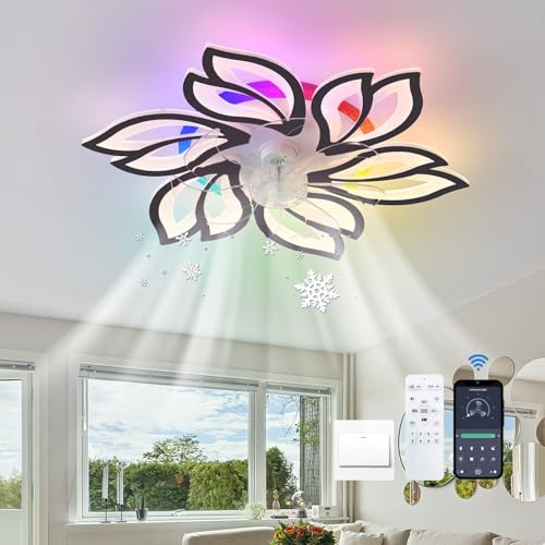 Luyaim RGB Ventilatore Da Soffitto Con Luce E Telecomando Moderna Cameretta Fiore Plafoniera Con Ventilatore 6 Velocità Motore DC Soggiorno LED Dimmerabile Lampadari Con Ventilatore Design-Black