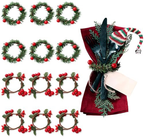 ACTOYS Serviettenringe Weihnachten 12 Stück Serviettenringe Kranz, Weihnachten Serviettenringen, rote Beeren Serviettenhalter Ring, Serviettenhalter Weihnachten für Weihnachten Party Tischdekoration