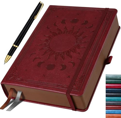 HwxBen Notizbuch (19.6 x 25.4 cm) Liniert, 360 Seiten – Tagebuch mit Stift, PU Leder-Hardcover Notizblock für Erwachsene, Arbeit, Schreiben, Notizen, Lernen, Reisen (Weinrot)