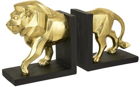 Baroni Home 2 Stück dekorative Buchstützen aus Harz, Dekoration für Zuhause, modernes Design für Zuhause und Büro, Geschenkidee, Farbe Gold mit schwarzen Kanten, 31 x 9 x 18 cm (Löwe Buchstützen)