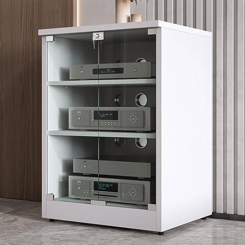 JIAOCKJIAO Stereoschrank, Audio Rack Hi Fi Regal mit Glastür, Hi Fi Rack mit Kabellöchern, AV Phonoschrank, Moderner TV-Ständer aus Holz, mit Verstellbaren Regalen(Wit,3 Tier 120x48x54CM)
