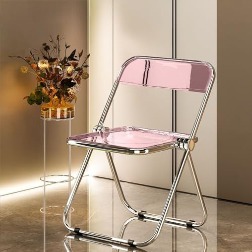 Silla plegable de acrílico con marco galvanizado, multiusos y diseño simple para sala de estar, comedor, dormitorio, color flor de cerezo