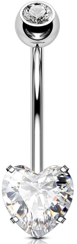 OUFER 14G Piercing Ombelico Filettato Interno Belly Button Ring Acciaio Chirurgico 316L Trasparente Cuore CZ Belly Bar Piercing Ombelico Anello 10 mm