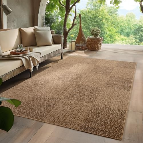 HomebyHome Alfombra Exterior 120x170 cm Resistente a la Intemperie Fácil Cuidado Aspecto Yute Natural Diseño Cuadros para Salón Dormitorio Terraza Balcón Jardín