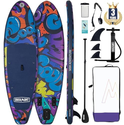 Overmont Aufblasbares SUP Board Set - Stand Up Paddle Board mit Paddleboard Zubehör - Einschließlich Verstellbares Paddel Pumpe Abnehmbarer Flosse Surfboard Leash Wasserdichter Taschenrucksack