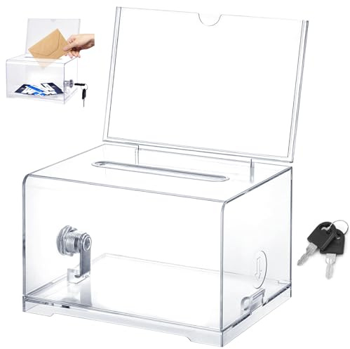 Acrylspendenbox 16x12x10 cm Spendenbox Abschließbare Box - mit Schloss und Schlüssel Stimmzettelkasten Vorschlagsbox - Empfohlene Box für Visitenkarten, Abstimmungen, Gewinnspiele (Transparent)