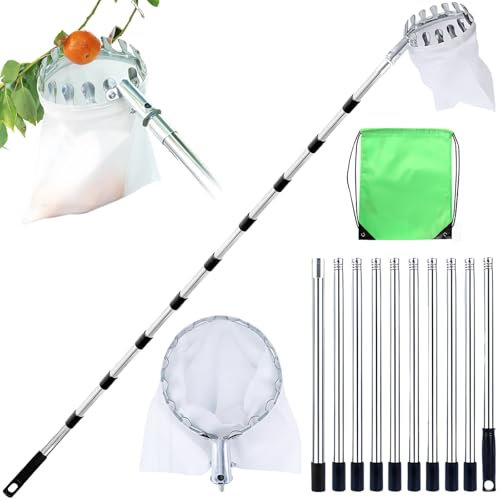 Apple Picker Fruit Grabber Tool Fruit Catcher Berry Picker with 4M Telescopic Stainless Steel Pole & Storage Bag Fruit Picker for Getting Peach Fruit Tree Picker for Picking Apple Orange Pear Etc