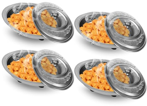 Chafing Dish Buffet Set, 4PCS 4L Stainless Steel Serving Dishes with Glass Lids, Retro Food Warmer Buffet Server for Dinner Parties Banquets Camping, Silver, 34.5x24.5x7cm