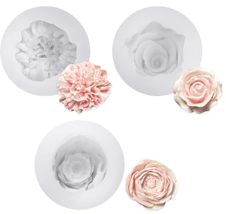 GIDWRIY 3 Moldes Silicona Manualidades Flores,Moldes Velas Flores,Molde Silicona Perfumada,Peonía Molde Rosa Flor,Moldes para Jabones,Moldes Resina Epoxi Velas,3d Molde de Bricolaje para Decoración