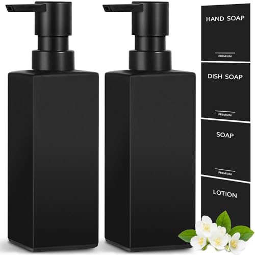 GMISUN Hand Soap Dispenser, 2 Pcs Black Glass Soap Dispensers for Bathroom, 12 Fl oz Dish Soap Dispenser Set for Kitchen, Refillable Washing up Liquid Dispensers with Labels, Handwash Pump Bottle
