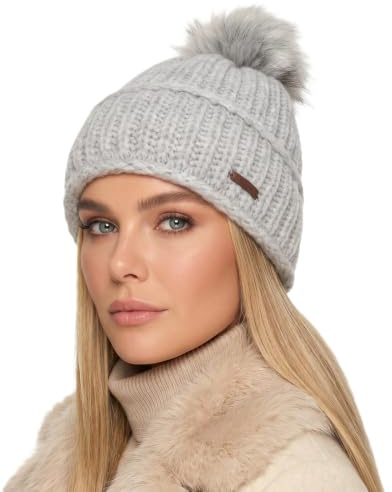 Baesics Bommelmütze Damen Herren - Wintermütze Kunstfell Bommel warm | Mit flauschigem Pompon und weichem Fleecefutter, Größe ca. 54-58 cm, Strick aus der EU. Warm für Herbst, Winter und als