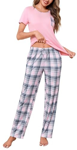 Demegimi Women’s Pajamas Set Short Sleeve Cotton Checked Ladies Pjs Loungewear Crew Neck Top and Loose Fit Wide Leg Pants Soft Sleepwear with Pockets Pink