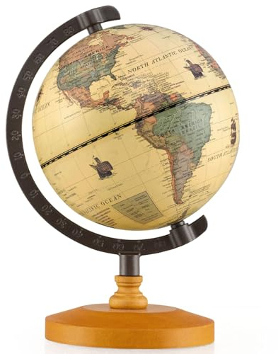 GYMAX 14cm World Globe, Desktop Earth Globes with Metal Stand and Wooden Base, Educational Rotating Globe for Home Office Classroom
