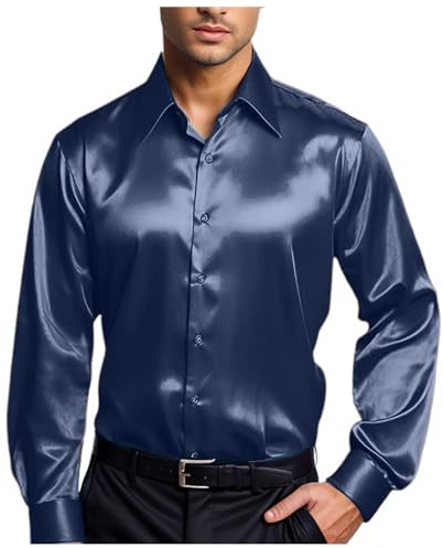 Camicie in raso lucido da uomo a maniche lunghe casual camicie con bottoni anni '70 costume da discoteca fit camicia in raso simile alla seta festa di lavoro a buon mercato