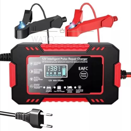 MF artSHOP Caricabatterie Intelligente 12V con Riparazione a Impulsi, Display LCD Digitale, Ricarica Auto Moto AGM Gel Piombo, Protezione Multipla, Mantenitore 4-100Ah, Nero/Rosso