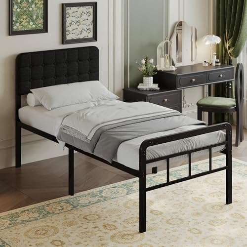 EMODA Bettgestell 90 x 200 cm mit Gepolsterterm Kopfteil und Metallfußteil | 36 cm Hohes Metallbett, Strapazierfähigen Stahl-Lattenrost, Geräuscharm, Stauraum unter dem Bett, Einfache Montage, Schwarz