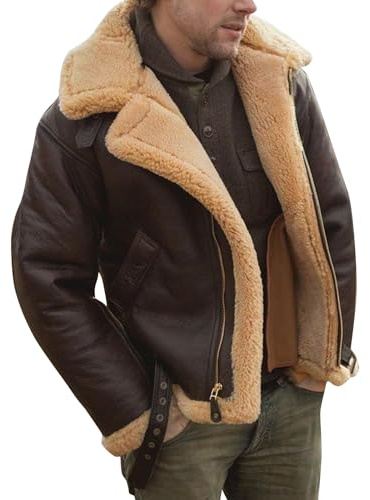 Generisch Bomberjacke Herren Winter Gefüttert Lederjacke Fell Warme Winterjacke Vintage Fliegerjacke Lammfell Fleecejacke Outdoor Elegant Fleece Übergangsjacke Winter braun M