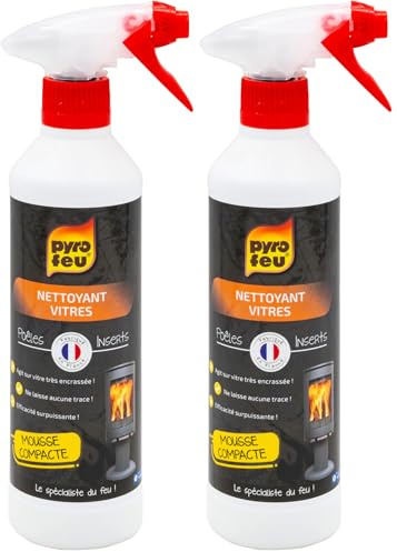 Pyro feu - Nettoyant Vitres, Fours, Rôtissoires, Hottes, Grilles, Plaques Chauffantes - Produit Ménager avec Sécurité Enfant - Pulvérisateur Mousse de Fabrication Française - 500ml (Lot de 2)