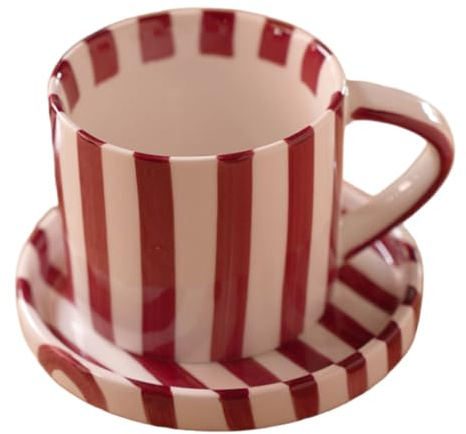 Ceramic Coffee Mug, 200ml Red Striped Vintage Coffee Mugs with Handle & Saucer for Home Office Tea Drinks Water