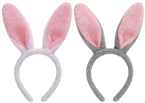 2 Stück Hasen Haarreif mit Hasenohren Stirnband, Plüsch Hase Ohren Haarbänder, Niedliche Hasenohrens Party Stirnband, Oster Hasenohren, Bunny Zubehör Tier Kostüm Set für Ostern Karneval Party
