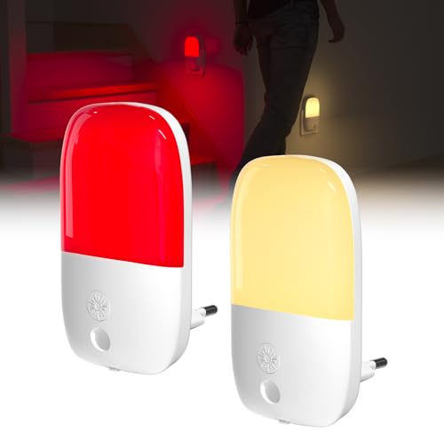 Klarlight Nattlampor Med Skymningssensor, Rött Ljus Och Varmvita Led-Sovlampor för Spädbarn, On/Off/Auto – 3 Lägen, Dimbara Nattlampor för Barnrum, Hall, Badrum, 0,5W (2 St)