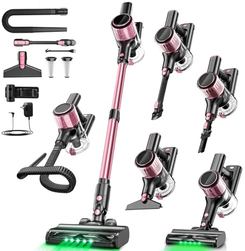 Cordless Vacuum Cleaner, 10 in 1 Stick Vacuum with Powerful Suction, Hose, Green LED Light, Anti-Tangle Brush, Lightweight Rechargeable Vacuum Cleaner for Home, Hardwood Floors, Carpets, Pet Hair,Pink