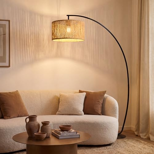 LuminexDesigns Bogenlampe Rattan, 101cm Ausladung, E27 Stehlampe Boho | Flachrohr Design, H178 cm, drehbar Lampenkopf, Fußschalter und 3 Farbtemperatur für Wohnzimmer Sofa Esstisch OVEL FL22