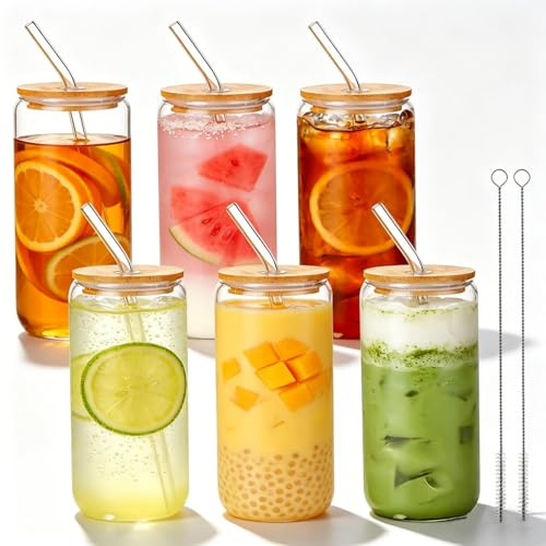 Zencantorous 6 Piezas Taza de Té Burbuja con Pajita y Tapa, 500ml Vaso de Matcha, Vaso de Cristal, Vasos de Cerveza, Reutilizable, Vasos de Cristal, para Café Congelado, Café Helado, Cócteles