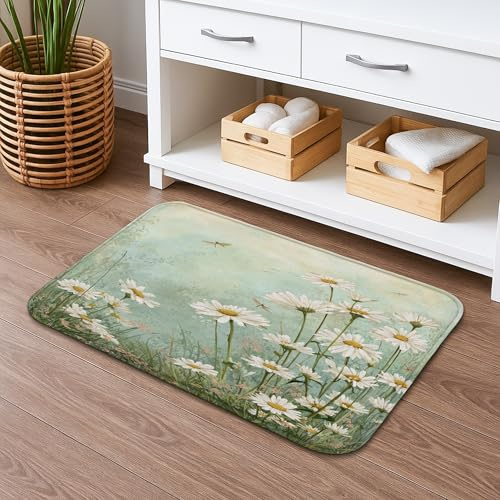 Tapete de baño floral de secado rápido, absorbente y antideslizante, color verde crisantemo vintage, alfombra de baño lavable decorativa de primavera para baño, inodoro, baño, 20 x 32 pulgadas