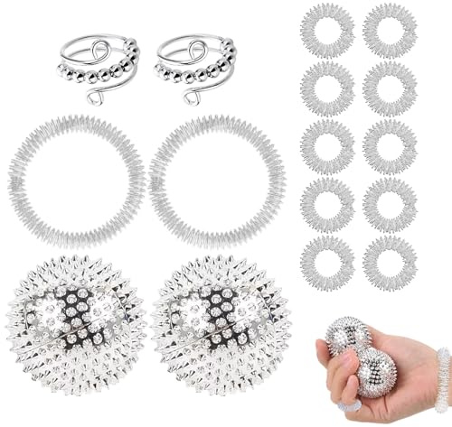 Kit 16 Pièces Bague Anti Stress et Bracelet Argenté, Inclus 10 Anneaux de Doigts, 2 Bracelets Ressort, 2 Boules Magnétiques et 2 Bagues à Perles pour Détente et Concentration