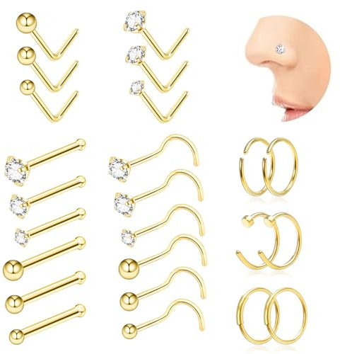 24 Pcs 20G Gold Nose Studs, 14K Hypoallergenic Gold Studs, 316L Surgical Steel Noses Stud, L-Shaped & Corkscrew Noses Ring with 6A Round CZ Gem, Comfortable Nose Piercing Jewelry