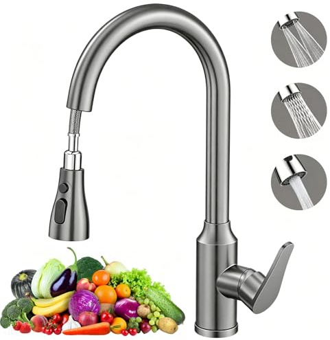 Kitchen Tap, Kitchen Mixer Taps with Pull Out Sprayer, Single Handle High Arc 360° Swivel Sink Faucet, Stainless Steel Sink Taps with 3 Spray Modes & Extendable Hose, Easy Installation