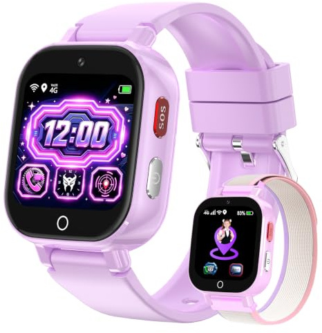 Montre Connectée Enfant 4G Appel Vidéo, GPS, SOS, Chat Vocal, IP68 Étanche | Mode École, Podomètre, Réveil, Chronomètre, Montre Telephone pour Garçons et Filles de 4 à 12 Ans Cadeau, Lavande