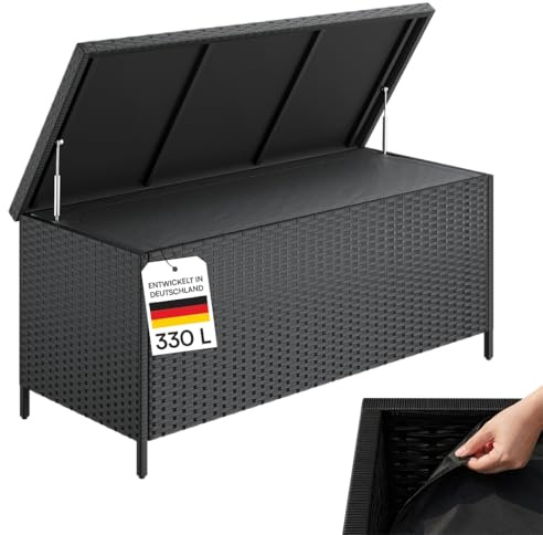 STEELSØN Serion Gartenbox 140 cm breit, Schwarz, aus Rattan, wetterfest | Rattanbox 110x55x60 cm mit Griffen, Outdoor Auflagenbox, Klappdeckel, Aufbewahrungskiste, Gartenkiste Stahlgestell, Kissenbox