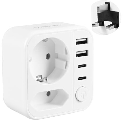 Adaptador Enchufe UK, Adaptador Enchufe Ingles a Español con 2 USB-A y 2 USB-C, Adaptado Enchufe Irlanda para Reino Unido Irlanda Inglaterra Escocia Brit