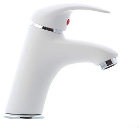 Grünblatt Bad Armatur Waschtischarmatur Einhebelmischer Wasserhahn mit Zugstange und Excentergarnitur (Weiß-matt)