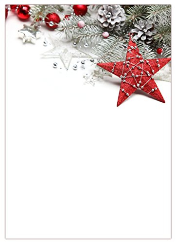 LYSCO Motiv Briefpapier (Weihnachten-5053, DIN A4, 100 Blatt). Einseitig bedrucktes Briefpapier, sehr gut beschreibbar, für alle Drucker/Kopierer geeignet, Motivpapier mit rotem Stern Weihnachtskugeln, Tannenzapfen und Tannenzweigen