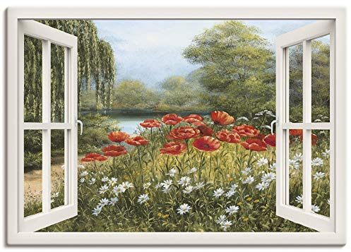 ARTLAND Wanddeko Leinwand Bilder Wandbild 100x70 cm Fensterblick Landschaft Blumen Mohnblumen See Blumenwiese Natur F7EN